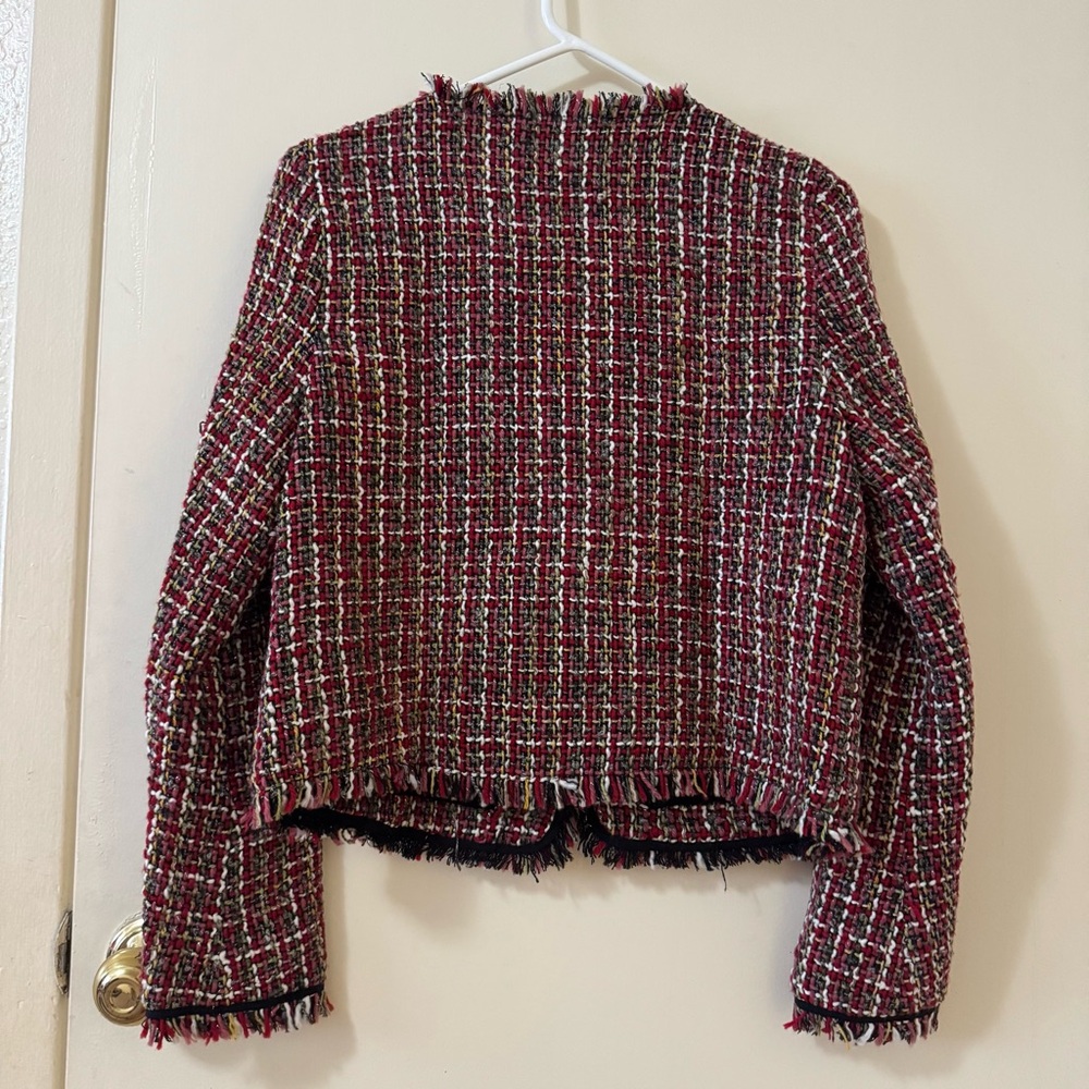Olivaceous Red Tweed Fringe Trim Blazer - Picture 5 of 7